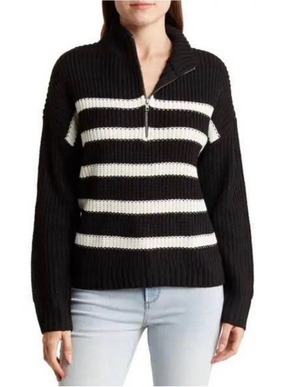 Sanctuary Sporty Striped Half-Zip Pullover Sweater - Black & White - Sz Medium - Picture 3 of 10